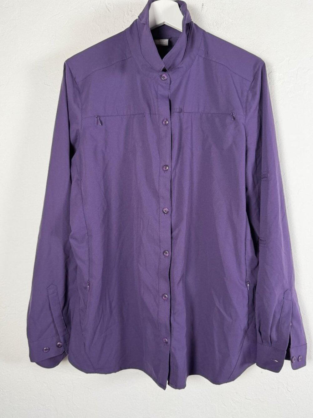 REI Womens Purple Button Up Shirt XL Travel Hiking Roll Tab Sleeve Zip Pocket